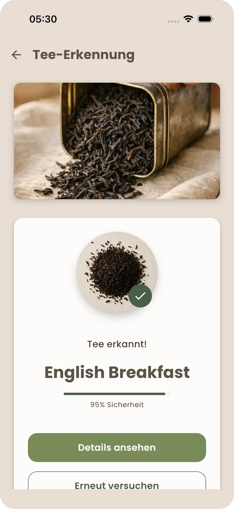 Teafinity erkennt einen Tee anhand eines Fotos mit der Kamera